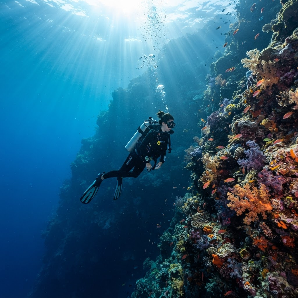 Diver descending a reef wall