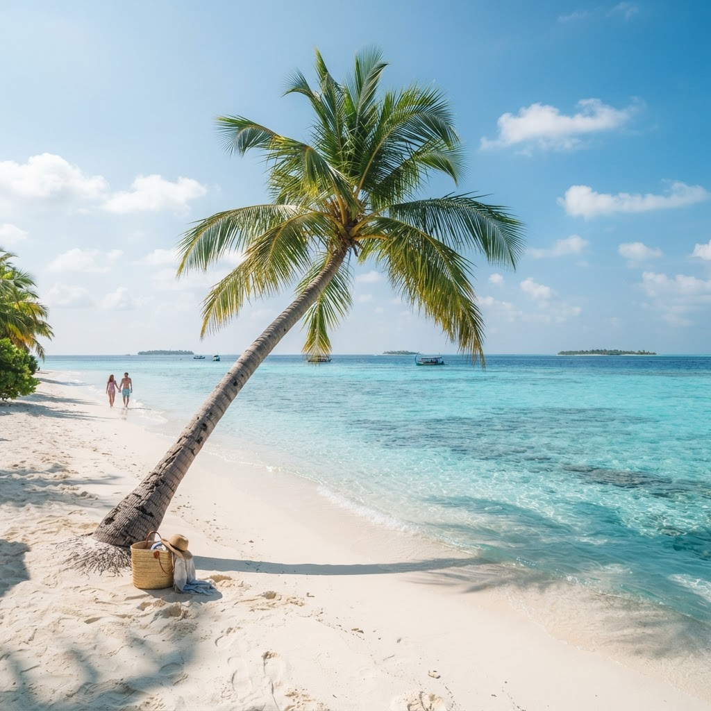 White sand beach with a leaning palm