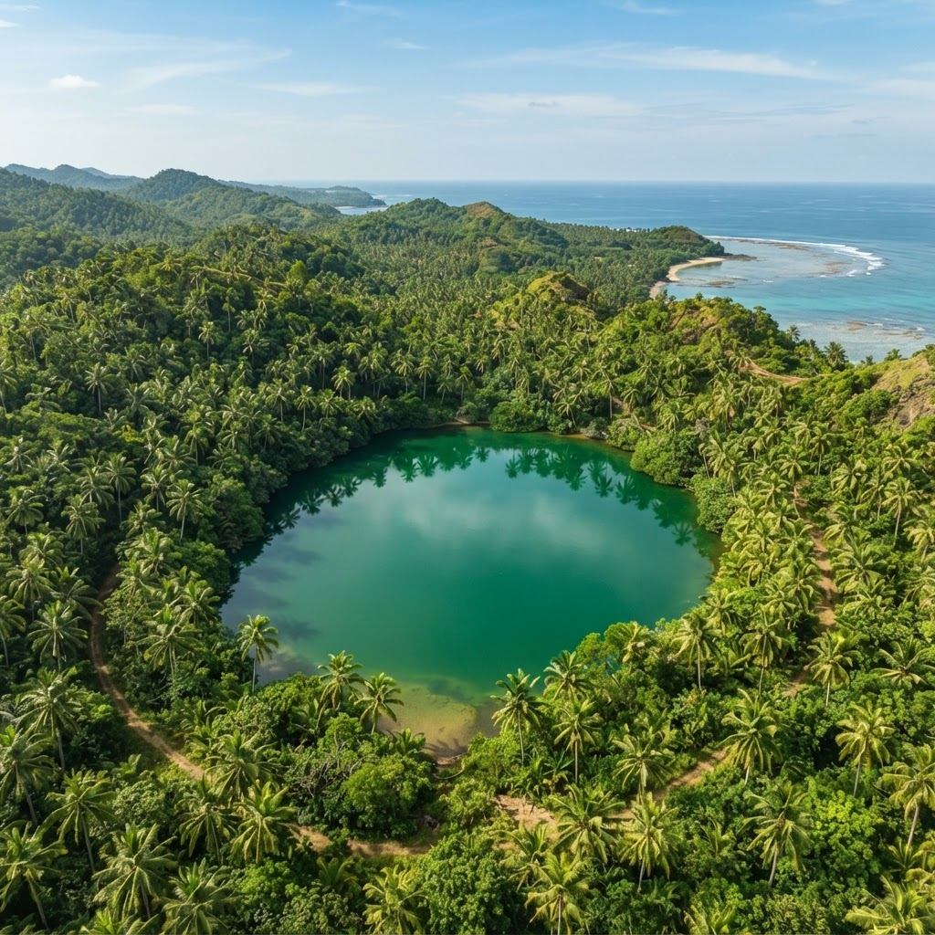 Freshwater lake surrounded by palm forest
