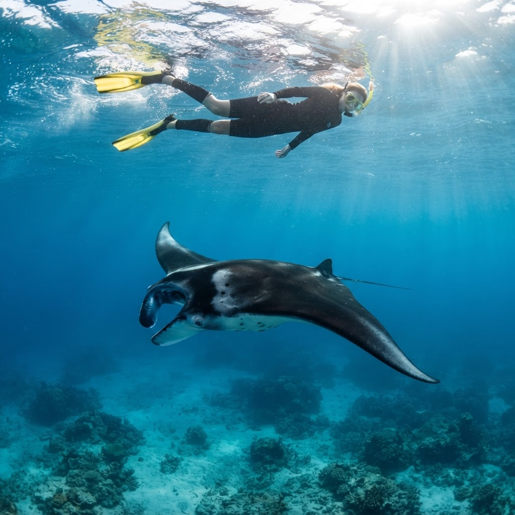 Oceanic manta ray gliding through blue water