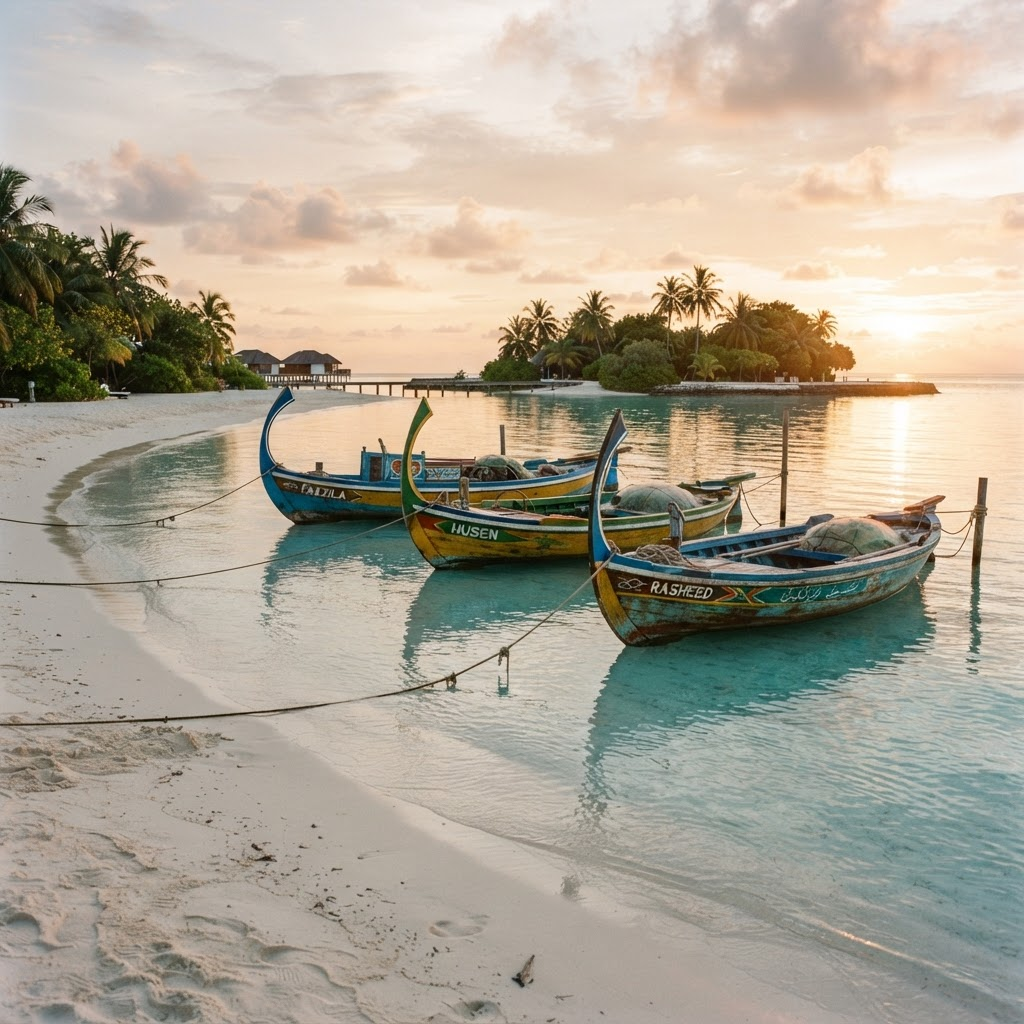 Traditional Maldivian fishing boats at golden hour